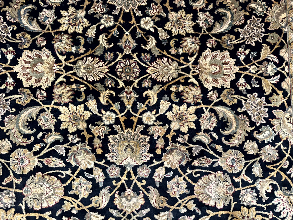 Indo Persian Rug 8x10, Black and Green, Wool, Handmade, Traditional, Floral Allover, Vintage - Jewel Rugs, view 5