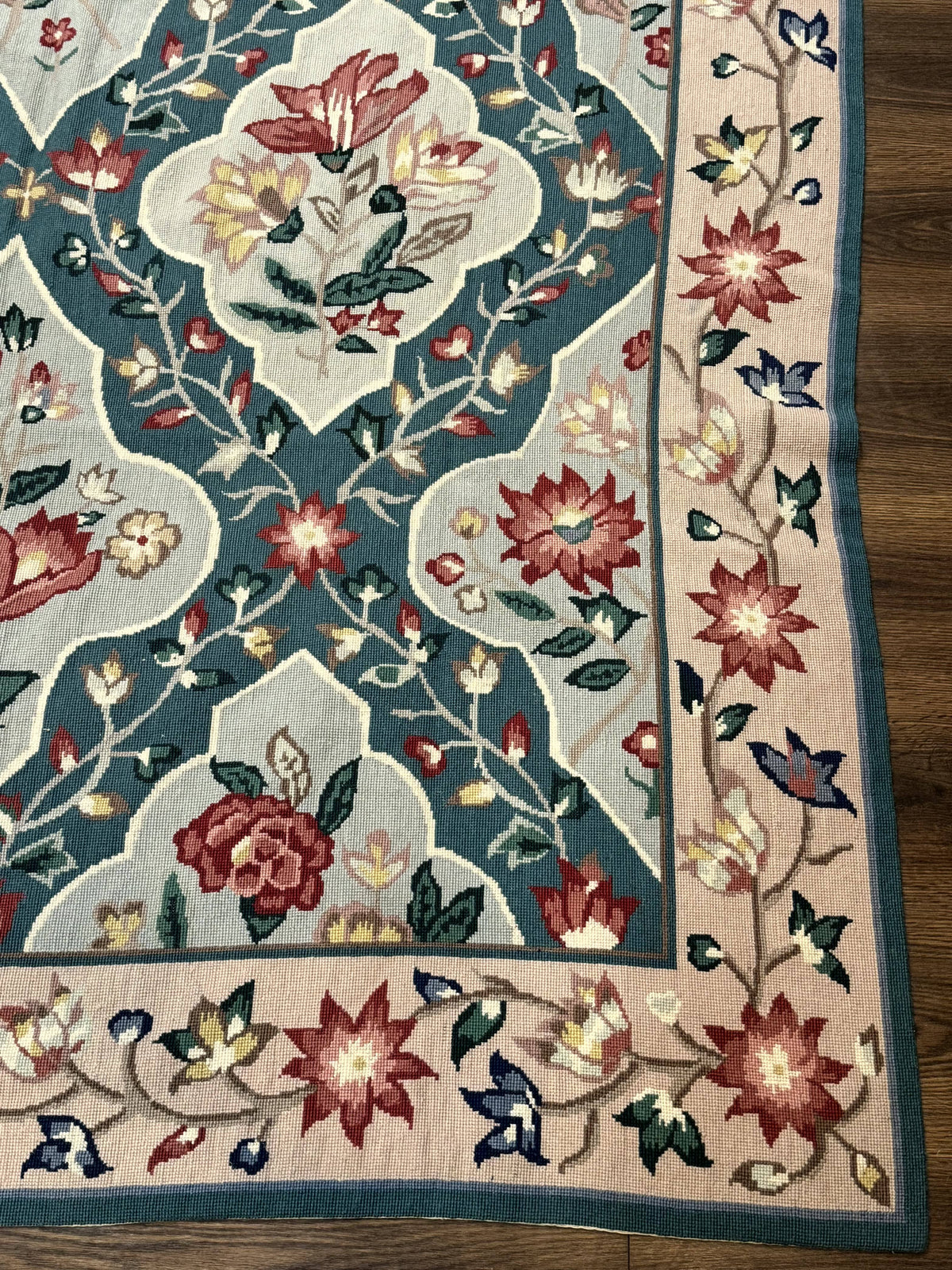 Teal Needlepoint Rug 6x9, Panel Design, Floral Bouquets, Handmade - Jewel Rugs, view 10