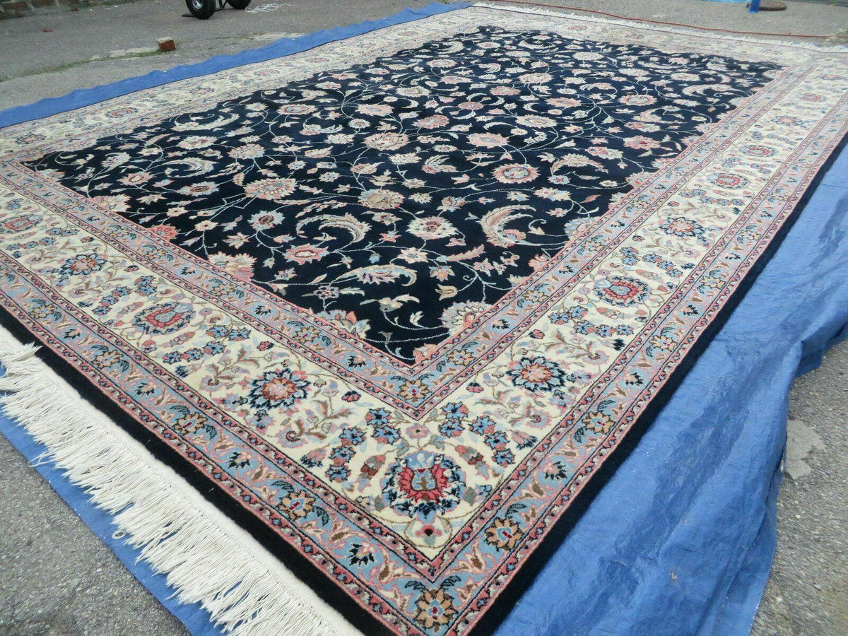 Large Indo Persian Rug 10x14, Wool Hand-Knotted Carpet, Navy Blue Ivory - Jewel Rugs, view 11