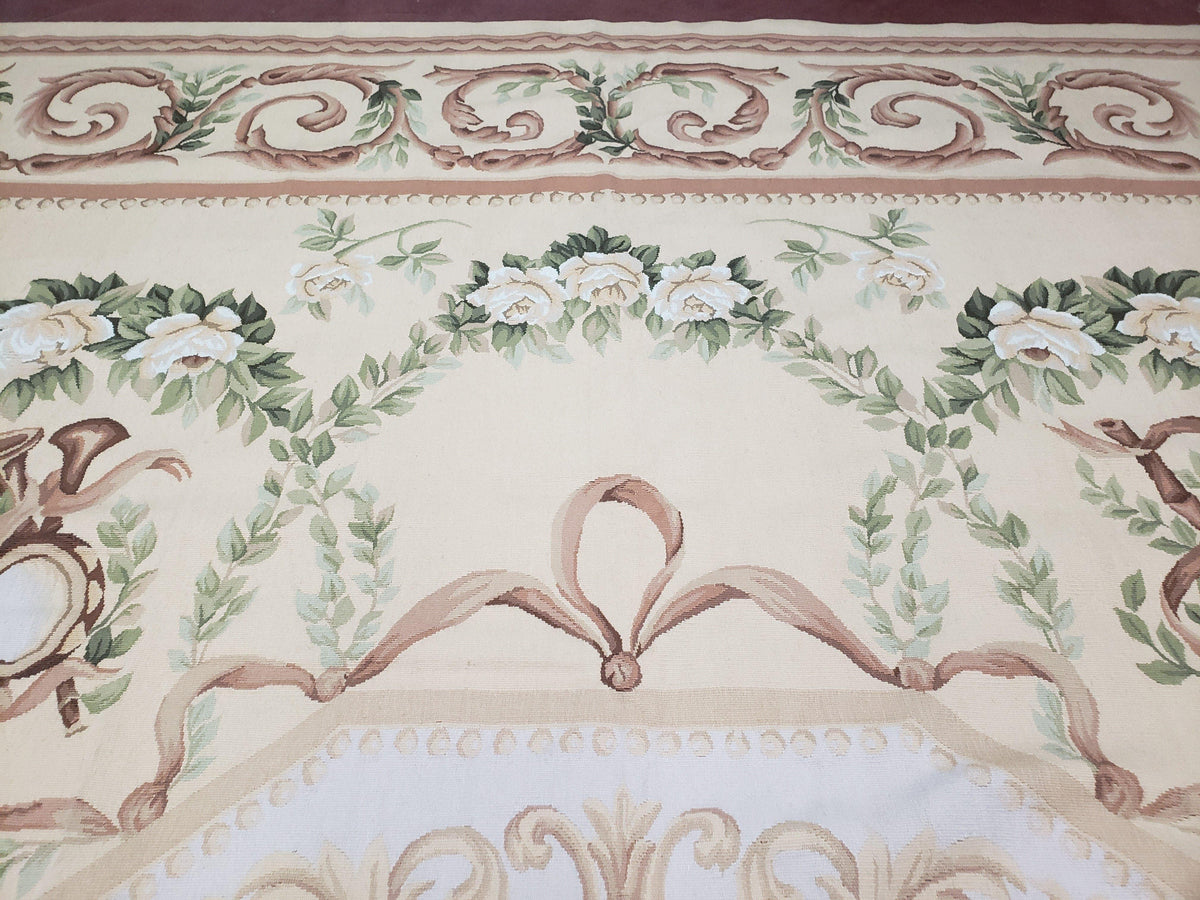 Elegant Aubusson Rug 10 x 14, Cream and Ivory Simple Aubusson Floral Carpet, Hand-Woven, European, New Aubusson Rug, Wool Area Rug, Violins - Jewel Rugs, view 4