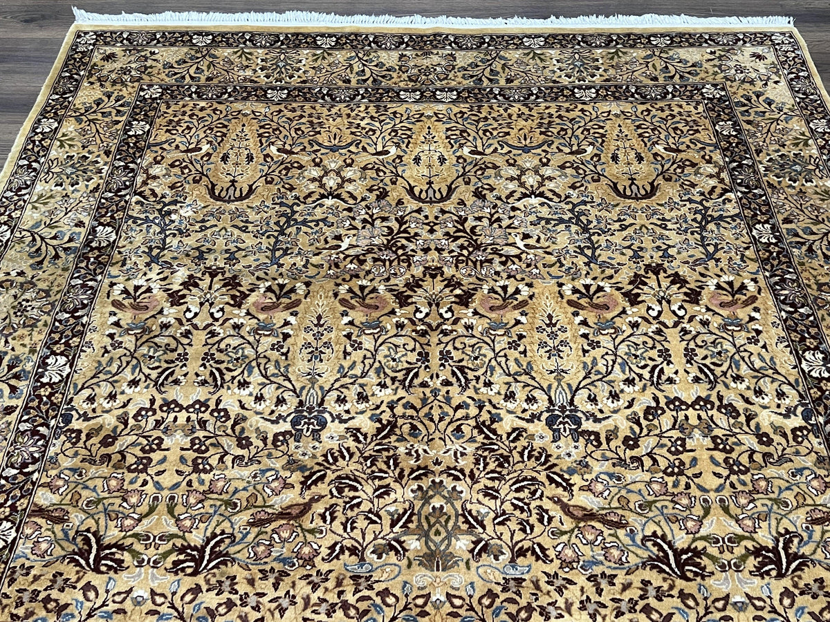 Pretty Indo Persian Rug 6x9, Allover Floral Motif with Birds, Tan/Cream, Very Fine Oriental Carpet, Hand Knotted Vintage Indian Wool Rug - Jewel Rugs, view 11