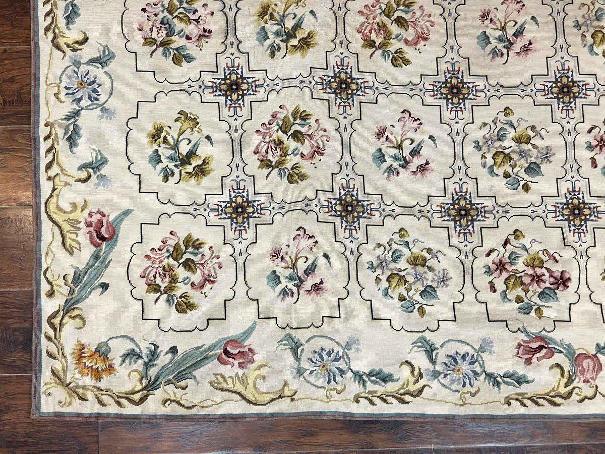 Needlepoint Rug 10x14, Wool Handmade Vintage Needlepoint Carpet, Floral Panel Design, Ivory/Cream - Jewel Rugs, view 9