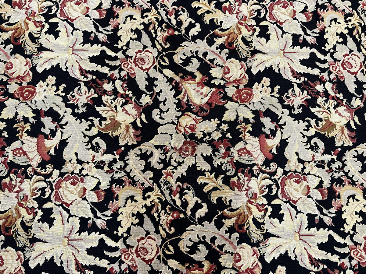 Wool Needlepoint Rug 9x12, William Morris Vintage Chinese Needlepoint Carpet 9 x 12, Handwoven, Allover Floral Area Rug, Black Light Green - Jewel Rugs, view 4