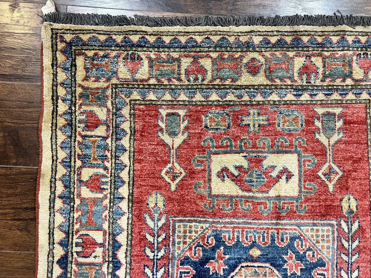 Turkish Kazak Rug 3x4, Wool Hand Knotted Small Vintage Carpet, Red Navy Blue, 3 x 4 Oriental Rug, Geometric Design - Jewel Rugs, view 7