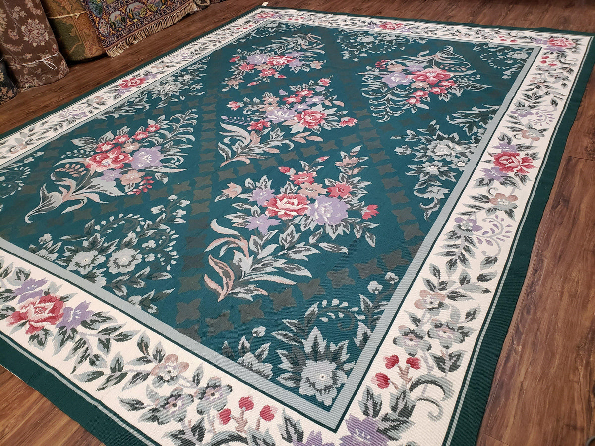 Chinese Needlepoint Rug 8x10, Vintage Green Area Rug, Hand-Woven Flatweave Floral European Design Carpet Wool Handmade 8x 10 Living Room Rug - Jewel Rugs, view 3