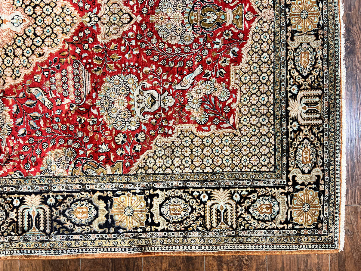 Wonderful Persian Silk Rug 5x7, Birds Floral Vases, Red, Hand Knotted Silk Fine Oriental Carpet, Handmade Vintage, Persian Qum Rug, 400 KPSI - Jewel Rugs, view 9