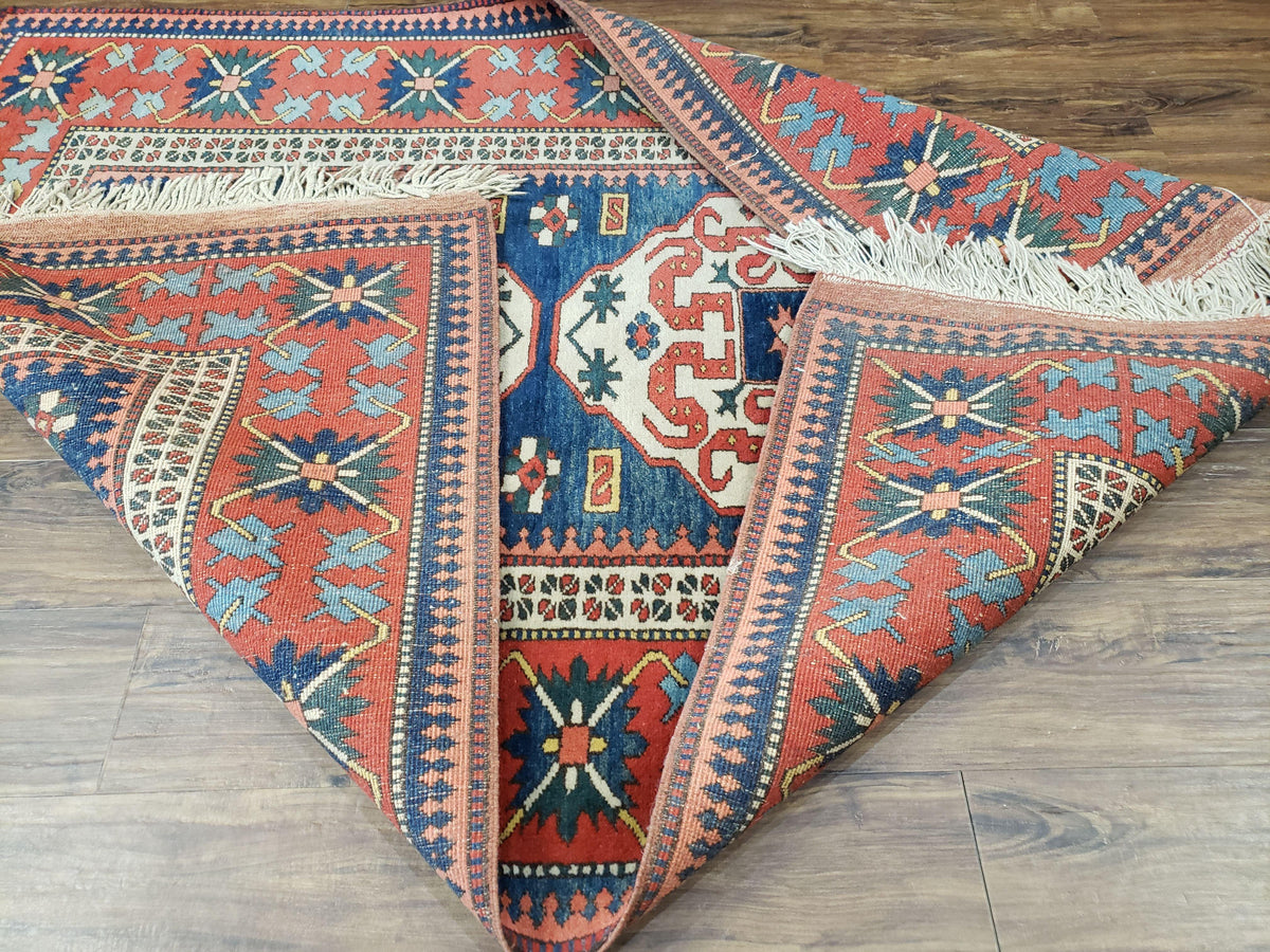 Turkish Kazak Rug 5x6 Vintage Handmade Wool Carpet Geometric Blue Red - Jewel Rugs, view 13