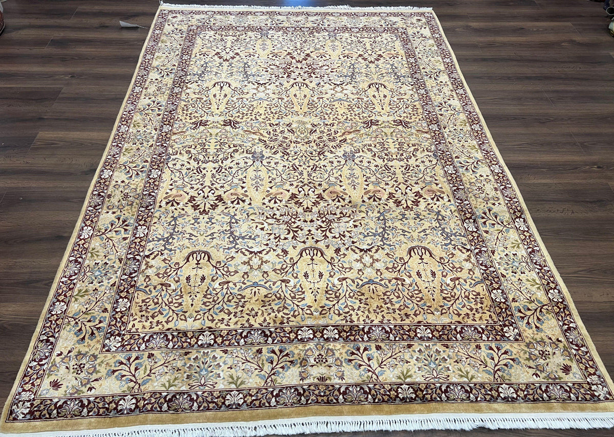 Pretty Indo Persian Rug 6x9, Allover Floral Motif with Birds, Tan/Cream, Very Fine Oriental Carpet, Hand Knotted Vintage Indian Wool Rug - Jewel Rugs, view 12
