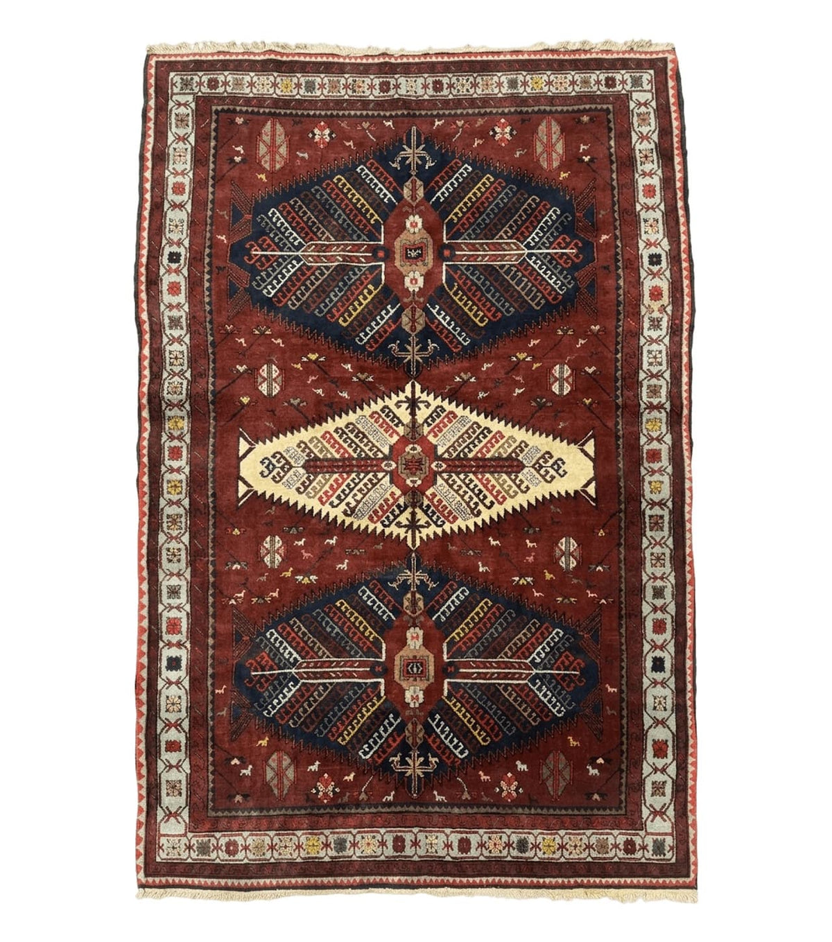 Antique Persian Tribal Rug 5 x 7.8, Triple Medallions, Red, Persian Afshar Rug - Jewel Rugs