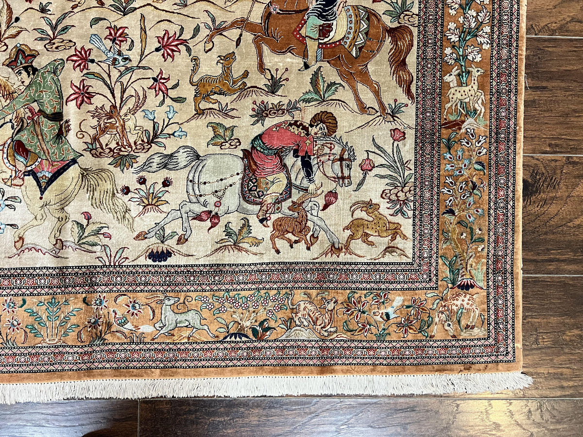 Silk Persian Qum Rug 3x5, Hunting Pattern, Handmade Vintage Carpet, Signed by Master Weaver, Horsemen Pictorials, Super Fine 650 KPSI - Jewel Rugs, view 9