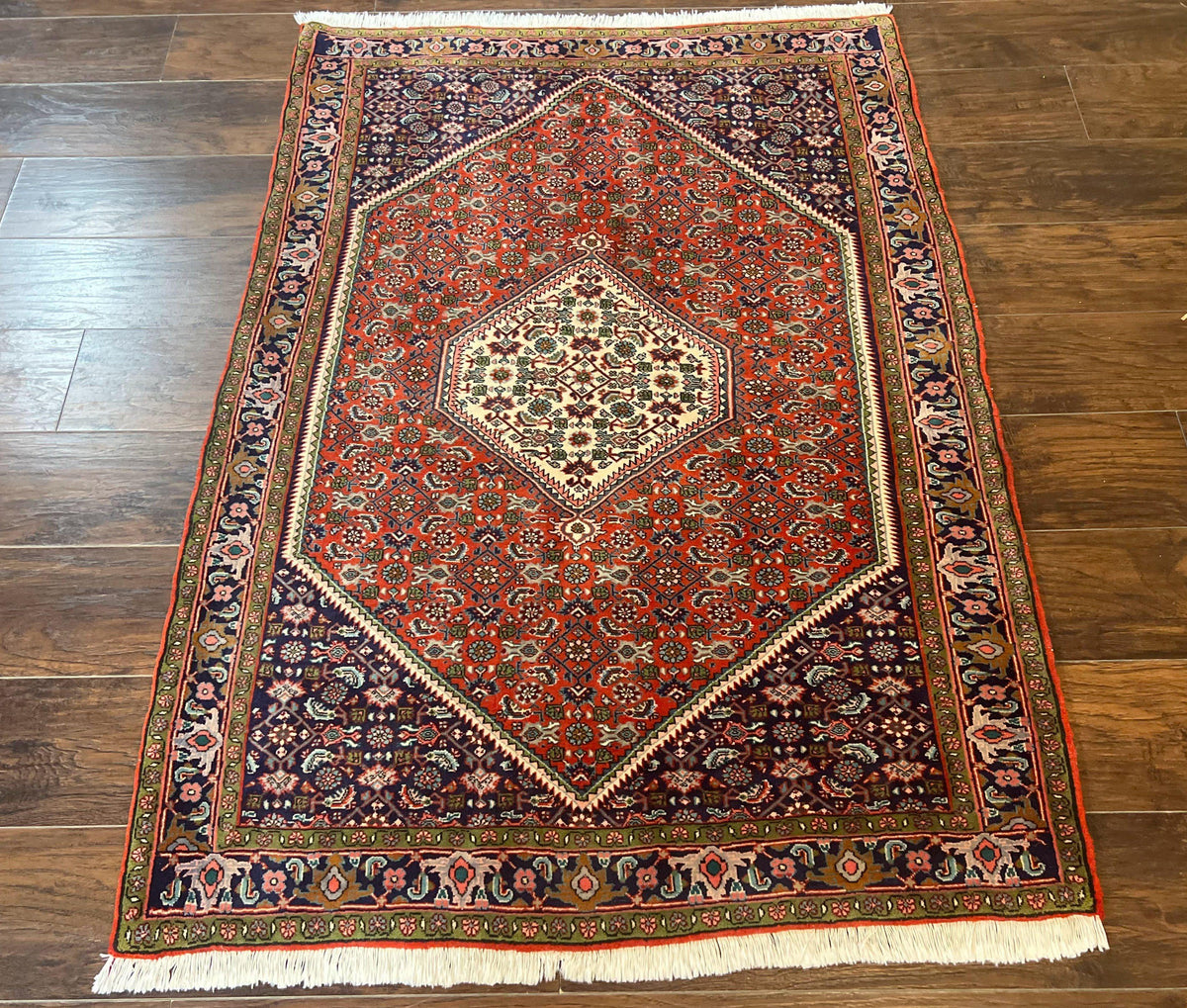 Persian Bidjar Rug 4x5, Finely Hand Knotted Vintage Carpet, Red and Navy Blue, Handmade Wool Rug, 180 KPSI - Jewel Rugs, view 8