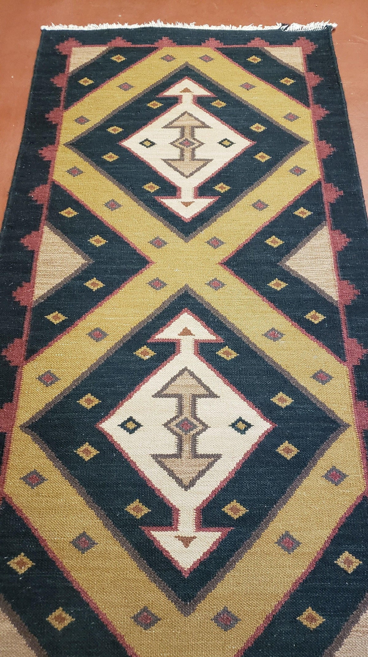 Vintage Indian Kilim Runner Rug, Geometric Flatweave Hand-Knotted Wool Kitchen Hallway Runner, Black Gold & Beige, 2' 8" x 9' 9" - Jewel Rugs, view 5