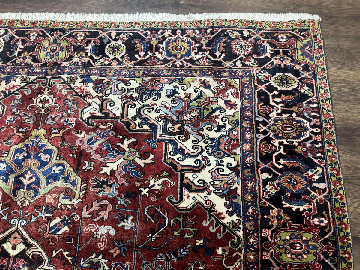 Antique Persian Heriz Rug 8x11, Geometric Tribal Wool Carpet, Brick Red - Jewel Rugs, view 8