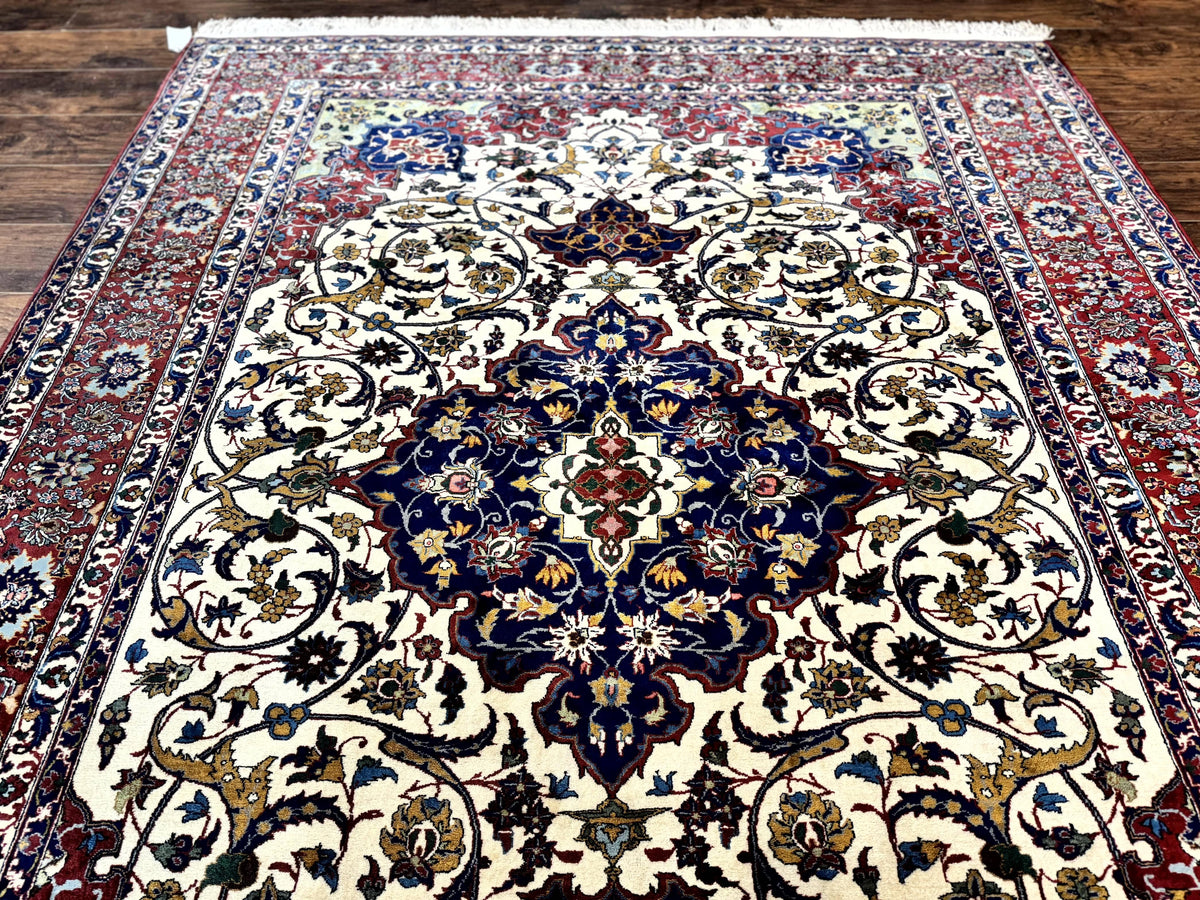Wonderful Persian Isfahan Rug 7x9, Ivory Navy Blue Red, Floral Medallion, Very Finely Hand Knotted 260 KPSI, Handmade Wool Vintage Rug - Jewel Rugs, view 13