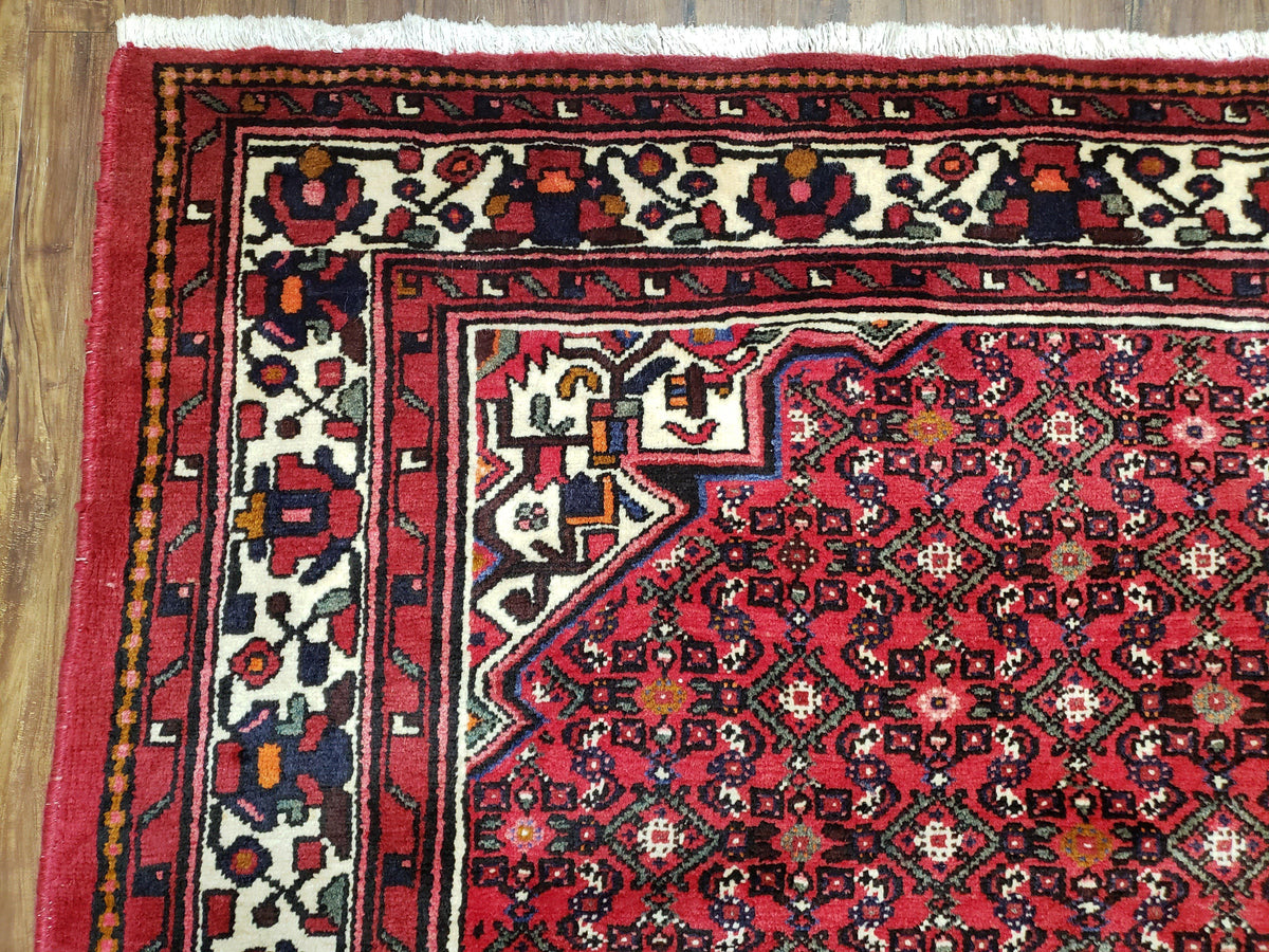 Vintage Persian Hamedan Rug 7x10, Angelas Mahi Pattern, Red, Wool, Hand-Knotted - Jewel Rugs, view 7