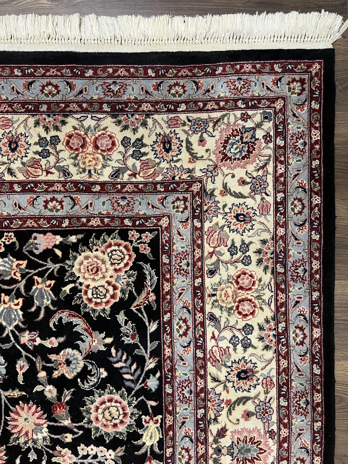 Pak Persian Rug 9x12, Floral Allover, Hand Knotted Oriental Carpet 9 x 12 ft, Black and Cream, Detailed, Wool with Silk Highlights, Vintage - Jewel Rugs, view 7
