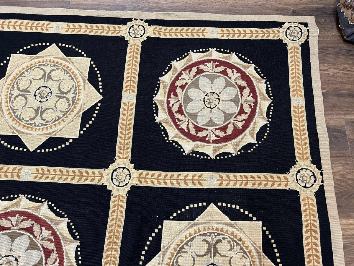 Large Needlepoint Rug 10x13, Panel Design, Black and Beige, Wool Needlepoint Carpet 10 x 13, English Garden, Handwoven Area Rug, Living Room - Jewel Rugs, view 8