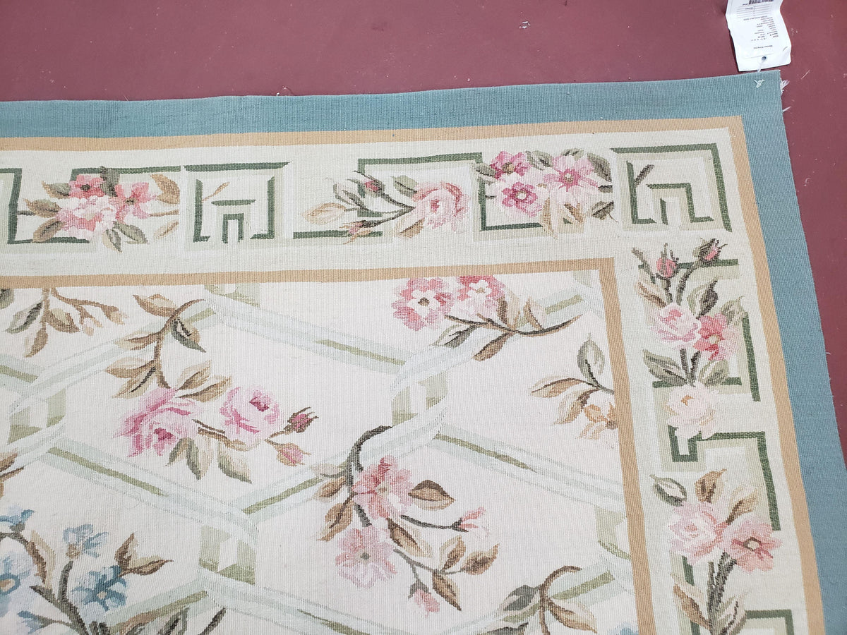 Vintage Aubusson Area Rug, Aubusson Flat weave Carpet, Floral Geometric Pattern, Beige Teal Green, 4x6 Rug, European Design - Jewel Rugs, view 7