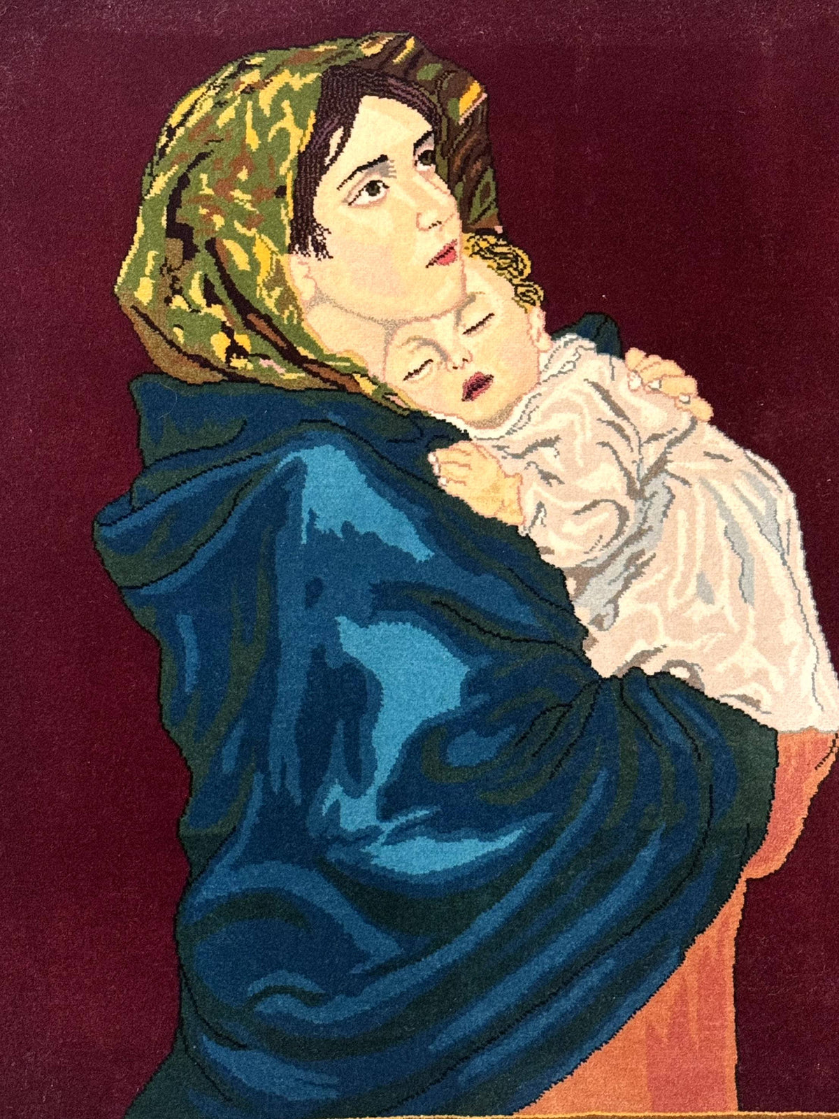 Small Persian Tabriz Pictorial Rug 2x2, Mother Holding Child, Very Fine 340 KPSI, Maroon - Jewel Rugs, view 5