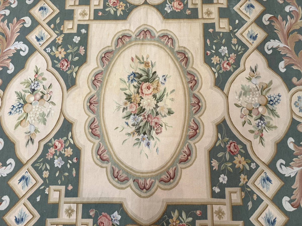 Aubusson Rug 9x12, Muted Sage Green and Cream, European Design - Jewel Rugs, view 5
