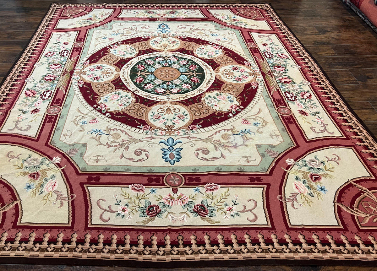 Needlepoint Rug 7.9 x 9, Beige Maroon Rose, Handmade Handwoven Flatweave Aubusson Savonnerie French European Elegant Carpet, Wool Rug - Jewel Rugs, view 13