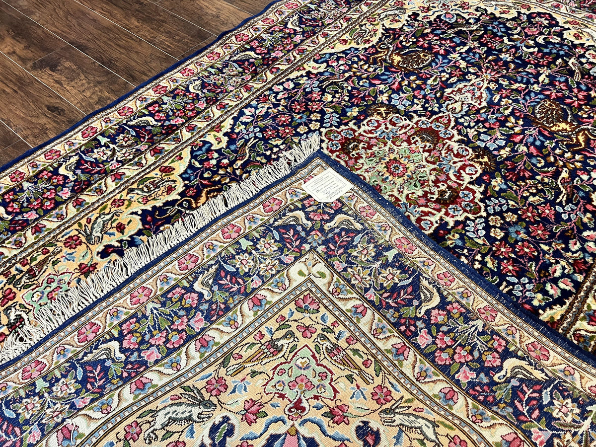 Persian Kirman Rug 6x9, Floral Medallion Vintage Wool Handmade Carpet 6 x 9, Animal Pictorials Birds, Semi Antique, Navy Blue, Millefleur - Jewel Rugs, view 11