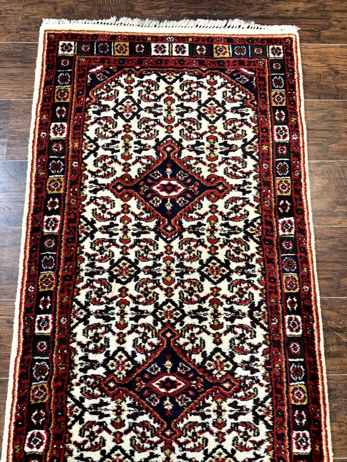 Indo Persian Bidjar Runner Rug 2.8 x 10, Vintage Rug for Hallway, 10ft Runner, Wool Handmade Ivory and Red, Medallions - Jewel Rugs, view 7