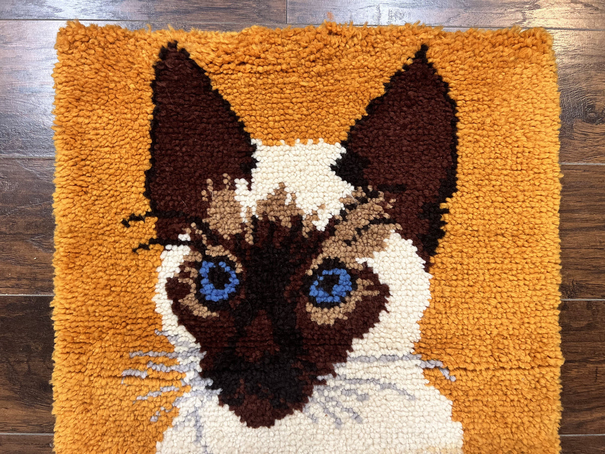 Small Shag Rug with Siamese Cat Pictorial, 2x3 ft Rug, Wool, Vintage, Danish Rya Shag Rug, Orange - Jewel Rugs, view 8
