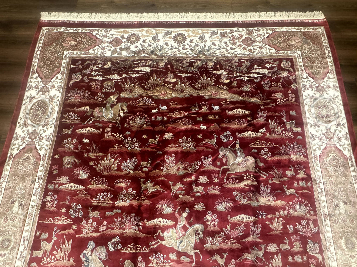 Turkish Silk Rug 8x10, Red & Ivory, Hunting Design, Bamboo Silk, New - Jewel Rugs, view 3