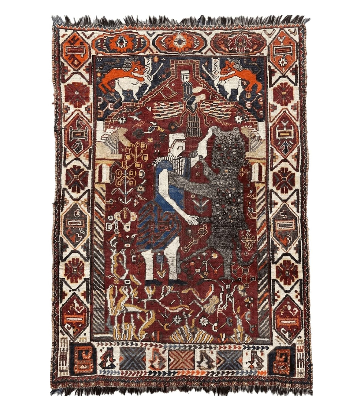 Antique Persian Shiraz Pictorial Rug 3.6 x 5, Persian Tribal Rug, Handmade, Lions, Highly Unique Collectible Small Persian Carpet, Maroon, Wool - Jewel Rugs