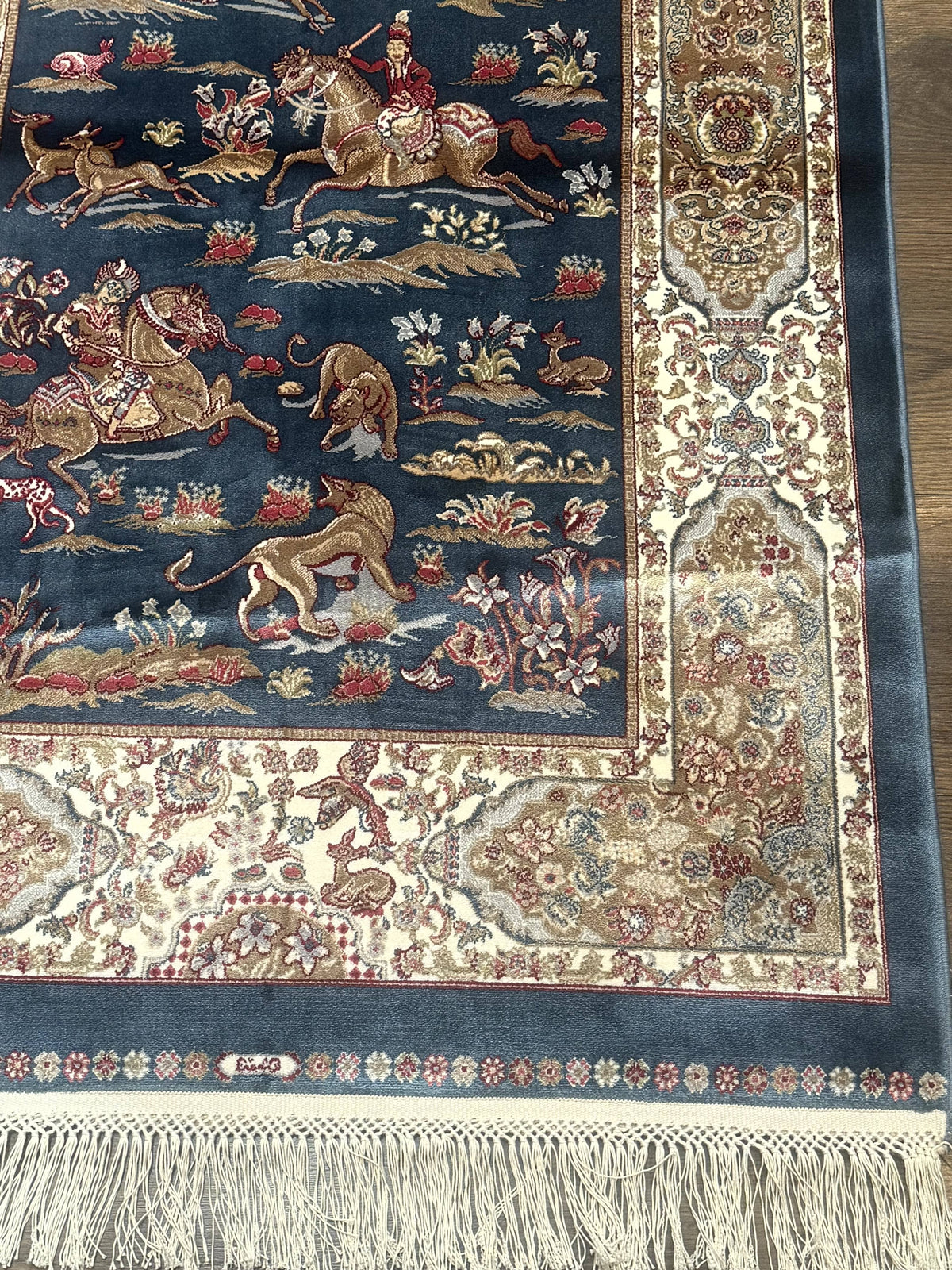 Turkish Silk Hunting Scene Rug 2.6 x 5, Dark Steel Blue & Ivory, Bamboo Silk, New - Jewel Rugs, view 10