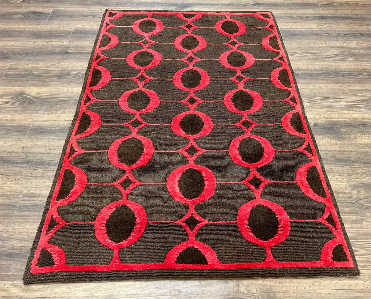 Modern Tibetan Rug 3.8 x 5.7, Raspberry Red and Dark Brown, Abstract Circle Design, Hand Knotted, Soft Wool Handmade Tibet Nepali Carpet 4x6 - Jewel Rugs, view 2
