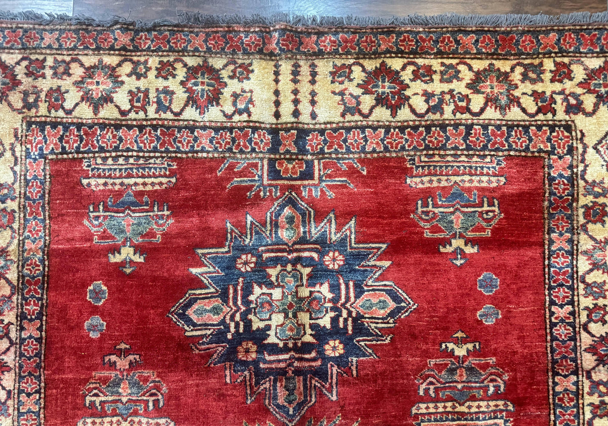 Square Turkish Rug 6x6, Azerbaijani Azeri Turkish Armenian Rug, Red Tan Blue, Geometric, Wool Carpet - Jewel Rugs, view 4