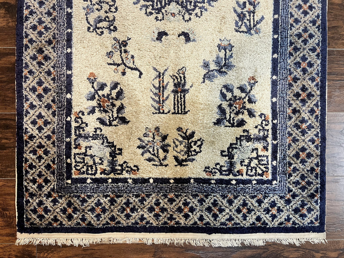 Silk Chinese Rug 3x5, Vintage Handmade Peking Carpet, Asian Oriental Art Deco Rug - Jewel Rugs, view 5