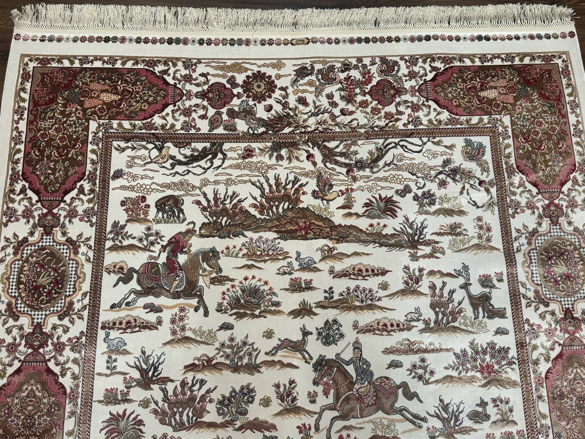 Turkish Silk Rug 5x8, Ivory, Hunting Design, Animal Pictorials, Bamboo Silk - Jewel Rugs, view 4
