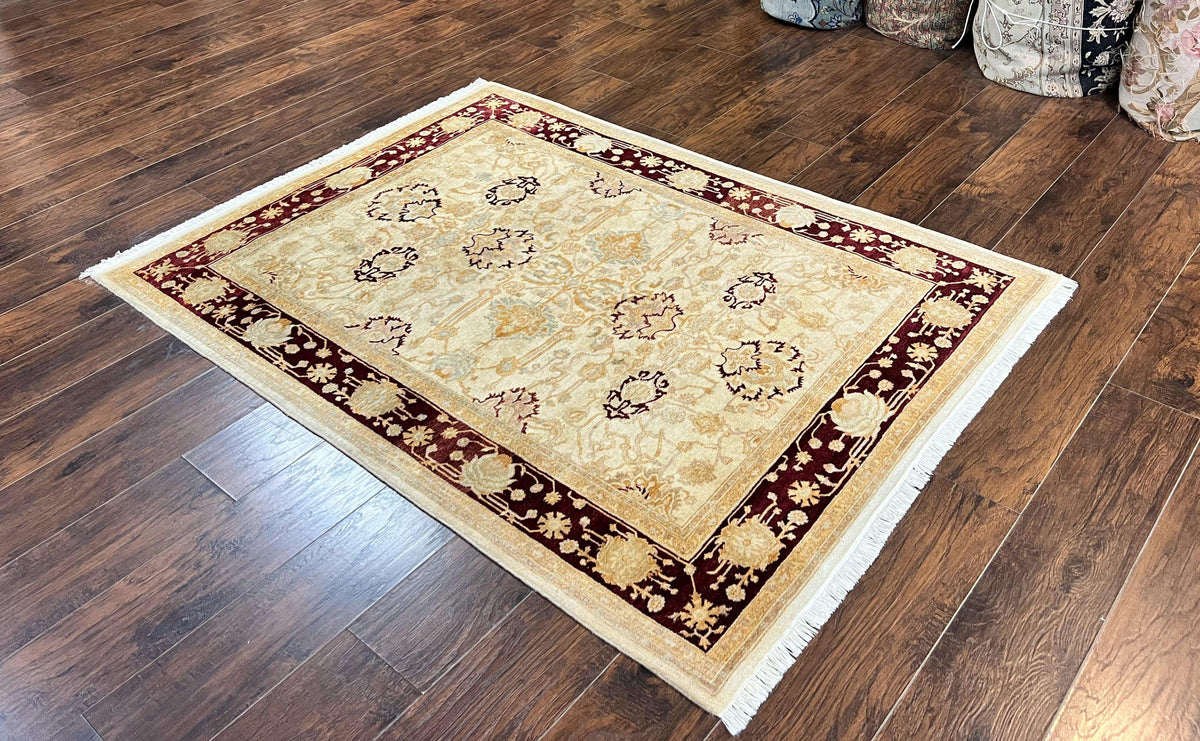 Peshawar Rug 5x7, Beige and Maroon, Vintage Handmade Wool Traditional Carpet 5 x 7 ft, Pakistani Rug, Agra Pattern, Very Fine 260 KPSI - Jewel Rugs, view 3