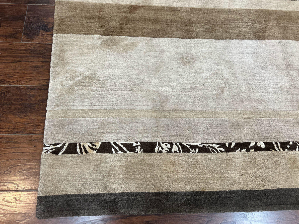 Modern Tibetan Nepali Rug 8x12, Stripe Pattern, Wool with Silk Highlights, Handmade, Beige Tan Brown - Jewel Rugs, view 9