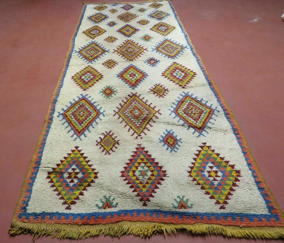 Moroccan Wide Runner Rug 3' 6" x 9', Vintage Azilal Berber Carpet Tribal Runner, Colorful Diamonds Ivory Orange Yellow, Soft Wool Handmade - Jewel Rugs, view 2