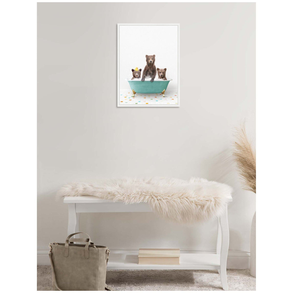 Sylvie Three Bear Cubs in Teal Bathtub on Colored Tile Framed Canvas by Amy Peterson