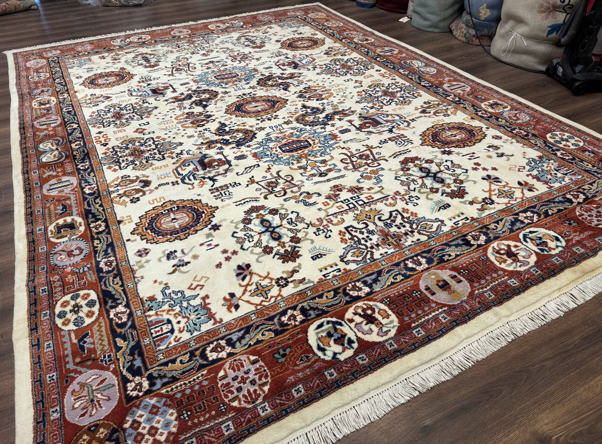 Indo Chinese Wool Rug 9x12, Ivory and Rust Red, Dragon Motifs - Jewel Rugs, view 13