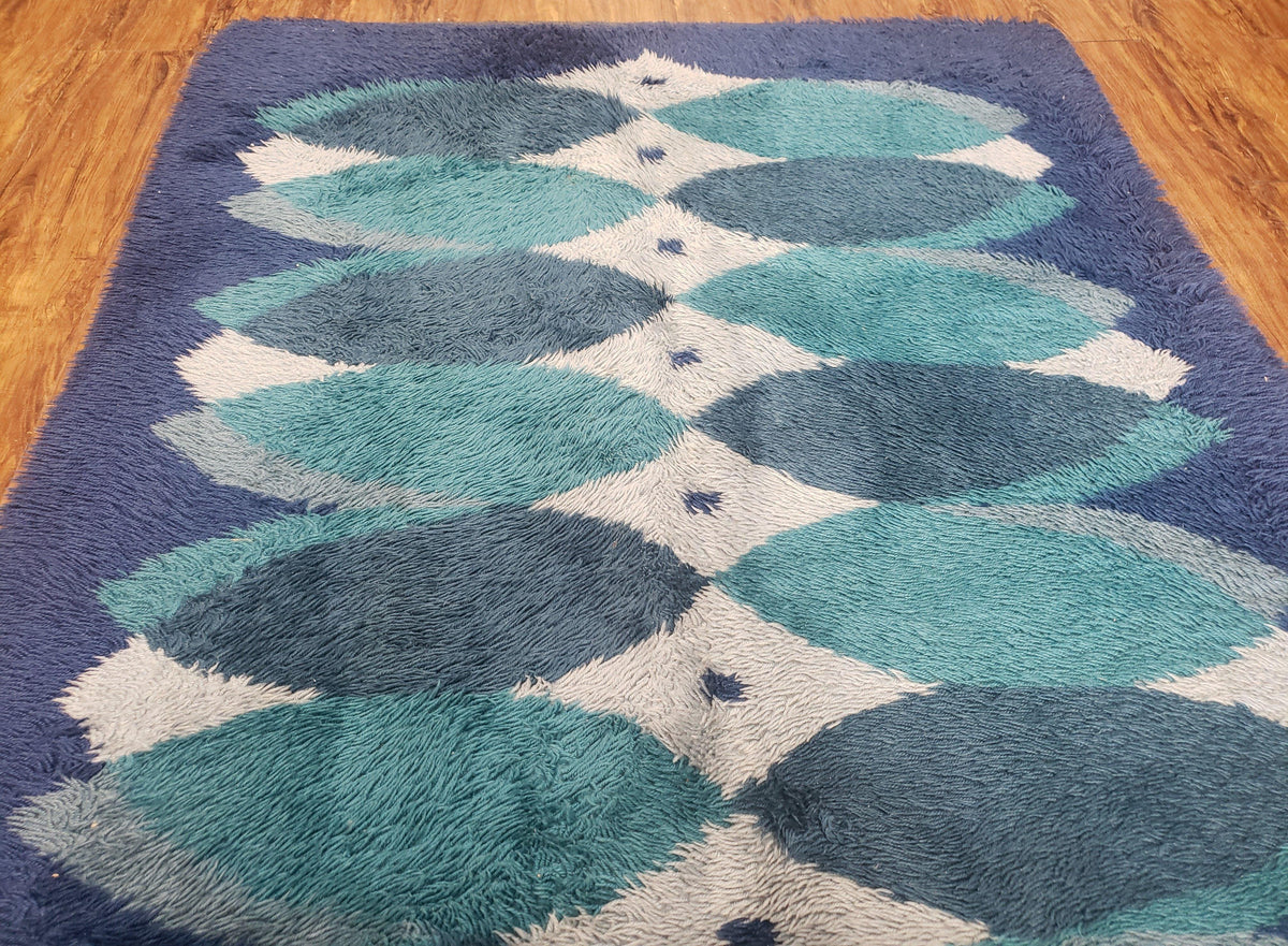 Blue Rya Rug, 1960s Mid-Century Modern Danish Shag Rug 4'6" x 6'7", Ege Rya, Abstract - Jewel Rugs, view 13