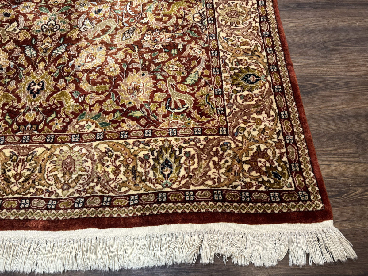 Tree of Life Indian Kashmiri Rug 6x9, Rust Red and Cream, Animal Pictorials, Fine 290 KPSI - Jewel Rugs, view 9