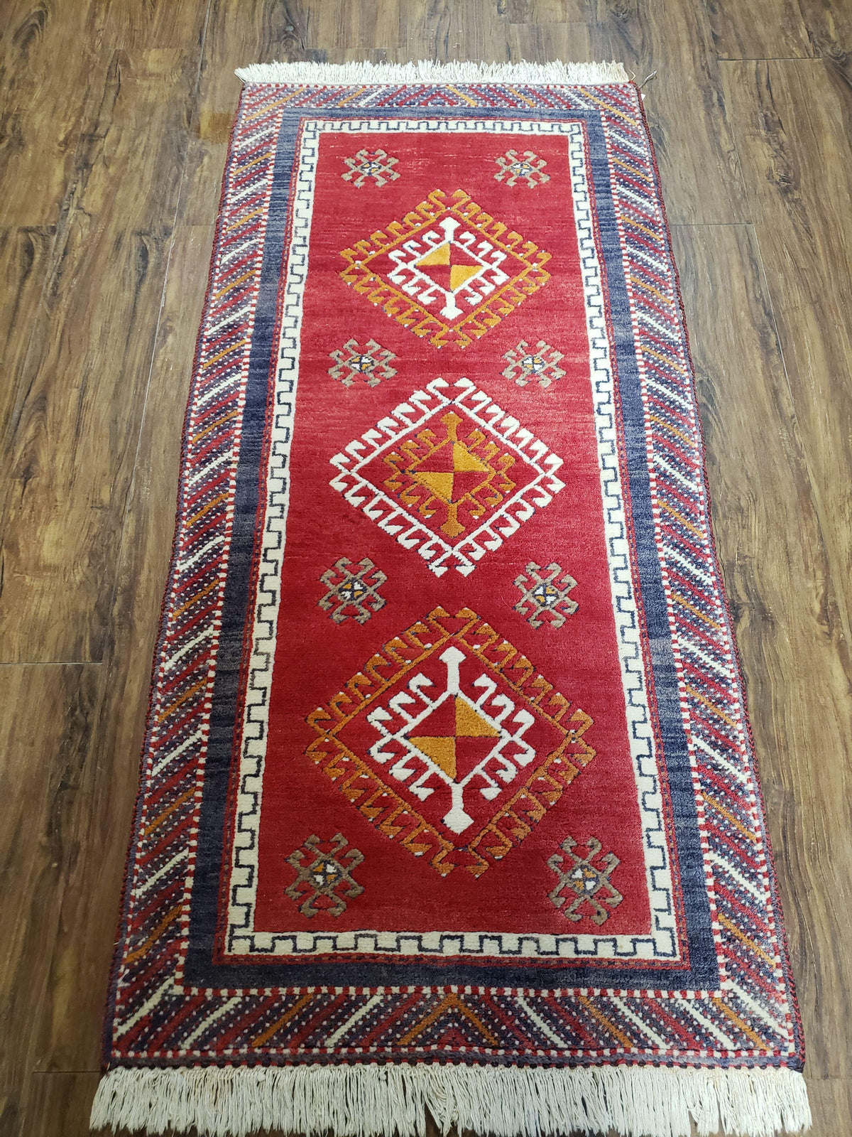 Vintage Turkish Kazak Rug 2.5 x 5 Red Wool Carpet Medallions Runner Geometric - Jewel Rugs, view 13