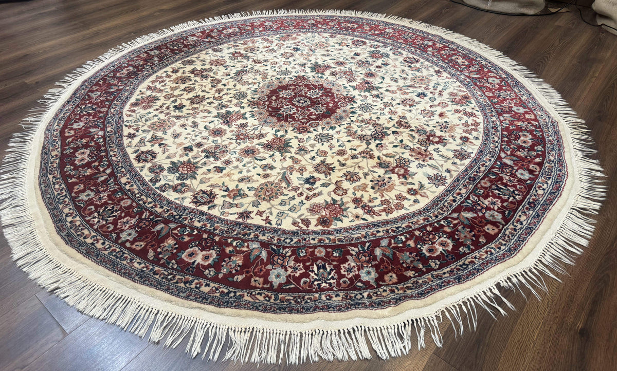 Round Sino Persian Rug 8x8, Wool and Silk, Floral Medallion, Ivory Dark Red - Jewel Rugs, view 2