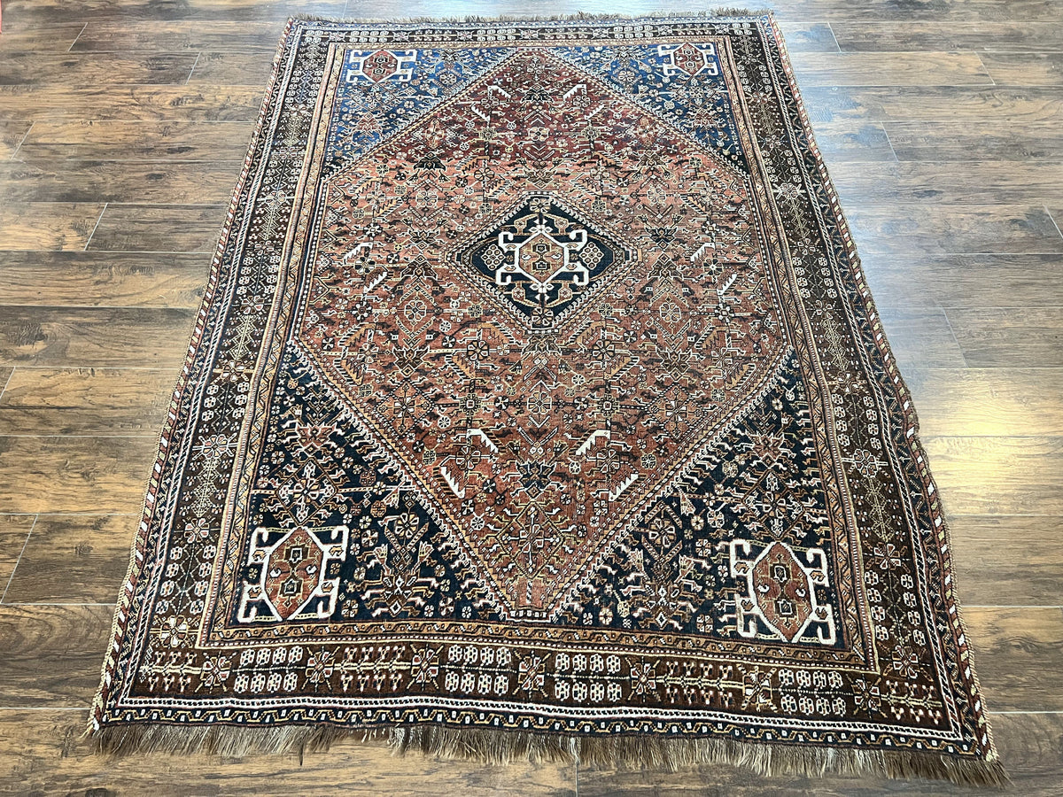 Antique Persian Shiraz Tribal Rug 6x8, Geometric Rug, Wool Handmade Hand Knotted Carpet, Red Blue - Jewel Rugs, view 13