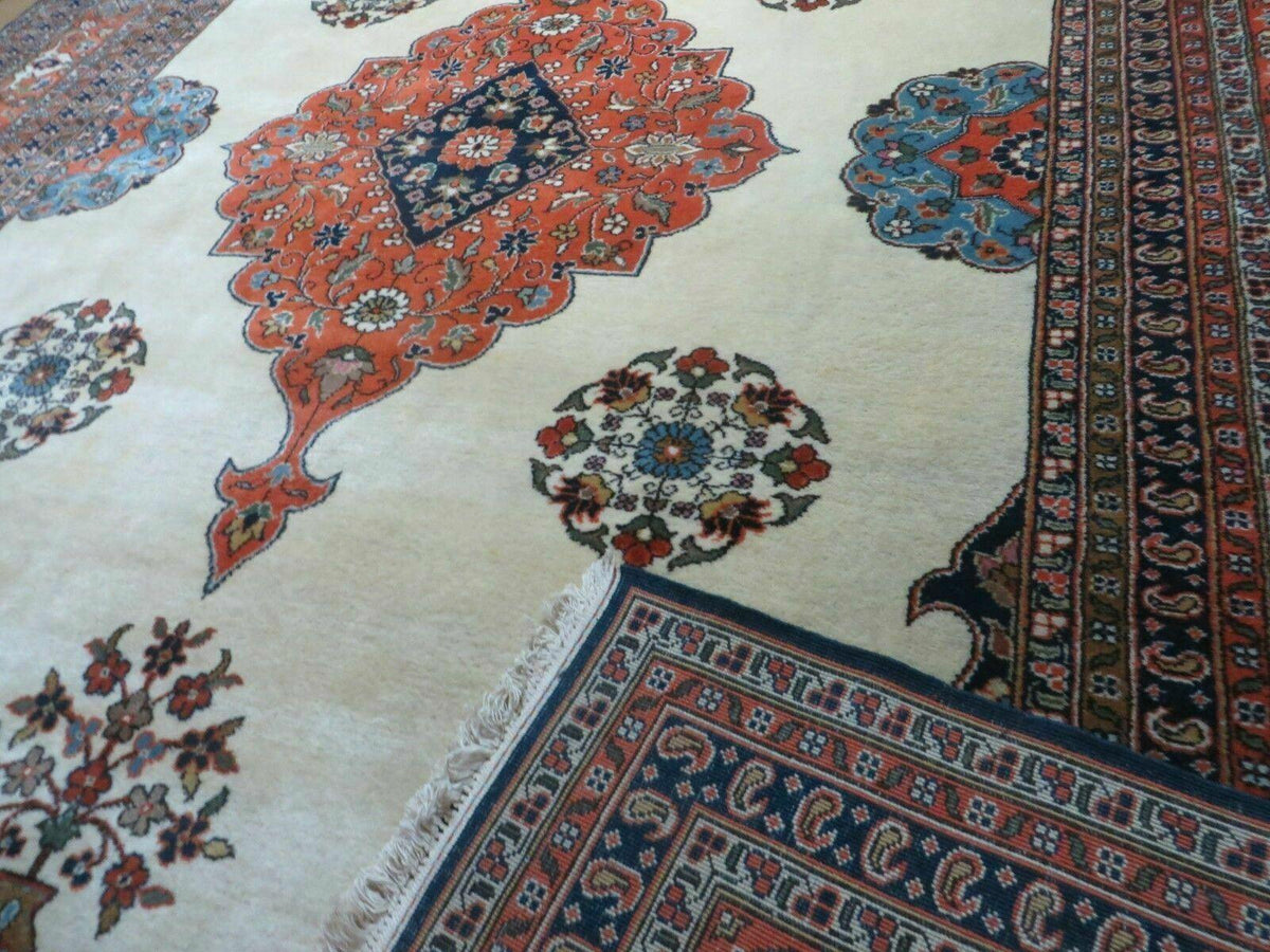 Indo Persian Rug 9x12, Semi Open Field Medallion, Ivory Tomato Red Navy Blue, Hand Knotted Indian Oriental Wool Carpet 9 x 12 ft, Room Sized - Jewel Rugs, view 11