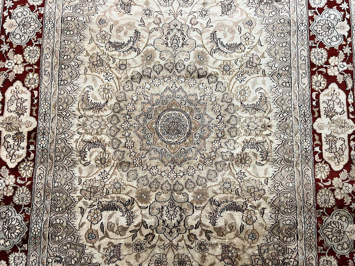 Silk Indian Kashmiri Rug 4x6 ft, Floral Medallion Hand Knotted Handmade Oriental Carpet, Vintage, Cream Burgundy, Very Fine Silk Rug 4 x 6 - Jewel Rugs, view 4