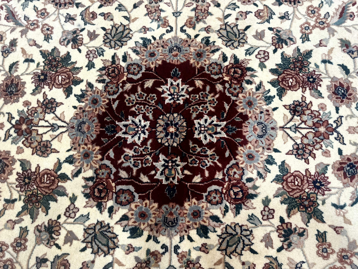 Round Sino Persian Rug 8x8, Wool and Silk, Floral Medallion, Ivory Dark Red - Jewel Rugs, view 4