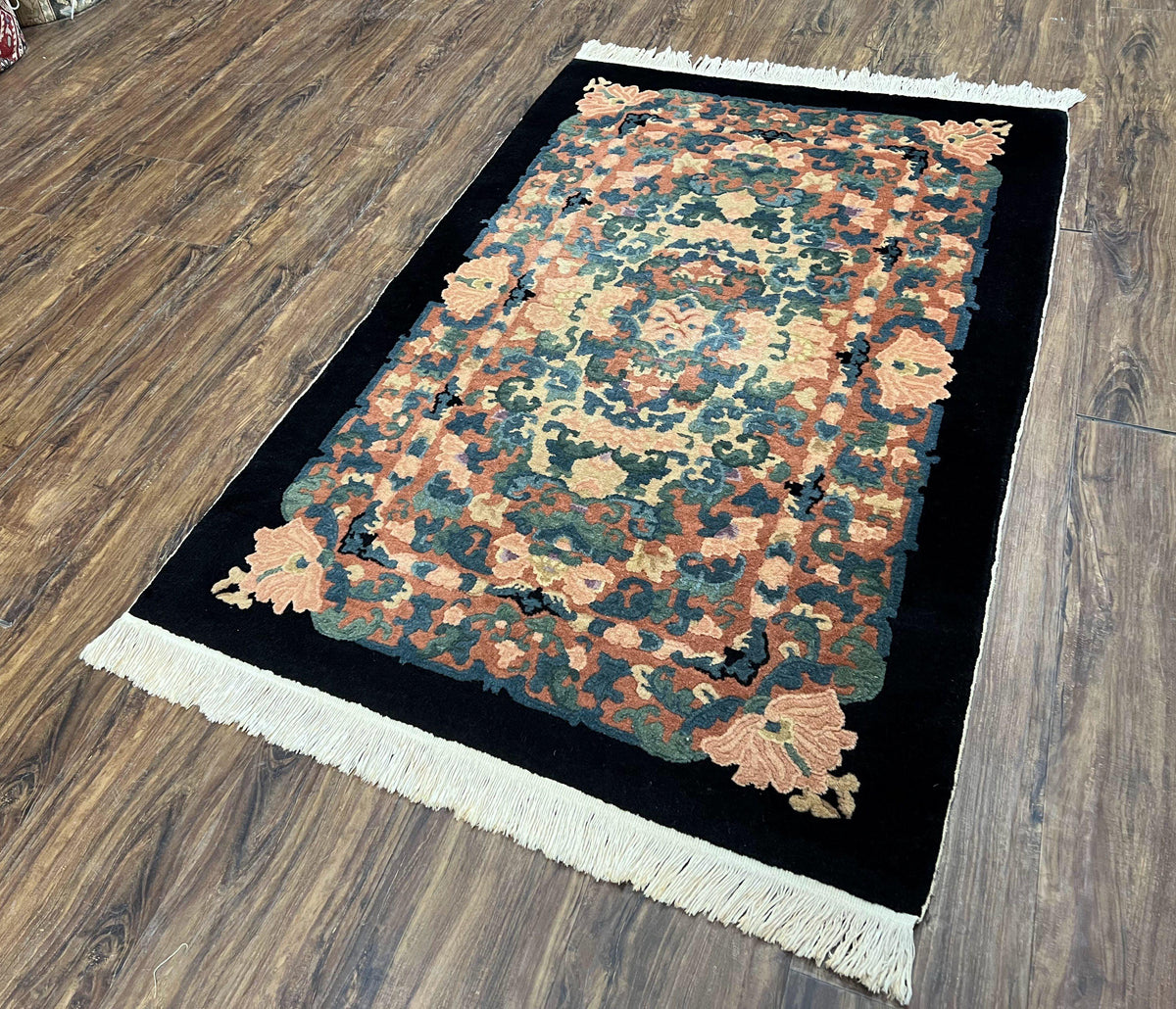 Chinese Art Deco Rug 3x5, Black and Beige Chinese Carpet 3 x 5, Vintage Rug, 1950s Rug, Floral Rug, Handmade Rug, Art Deco Rug, Wool Rug - Jewel Rugs, view 3