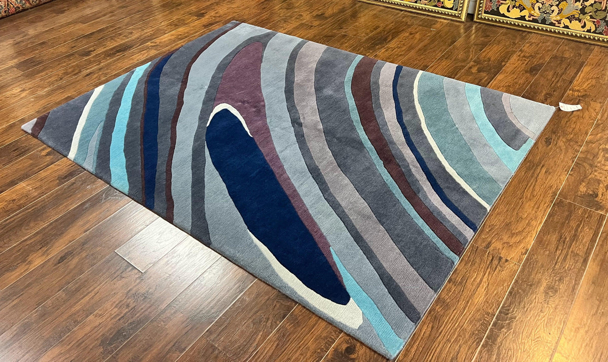 Modern Nepali Handmade Wool Rug 6x8, Blues Gray Mauve, Abstract, Nepali Tibetan Rug - Jewel Rugs, view 3